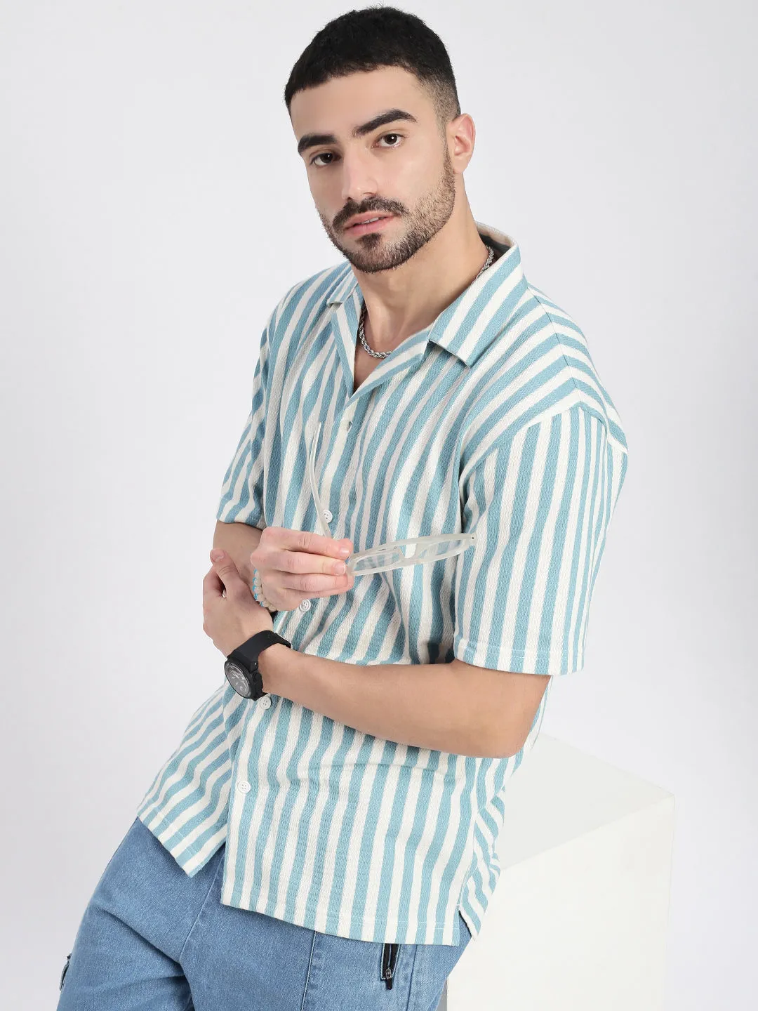 Men Blue Cuban Collar Striped Shirt