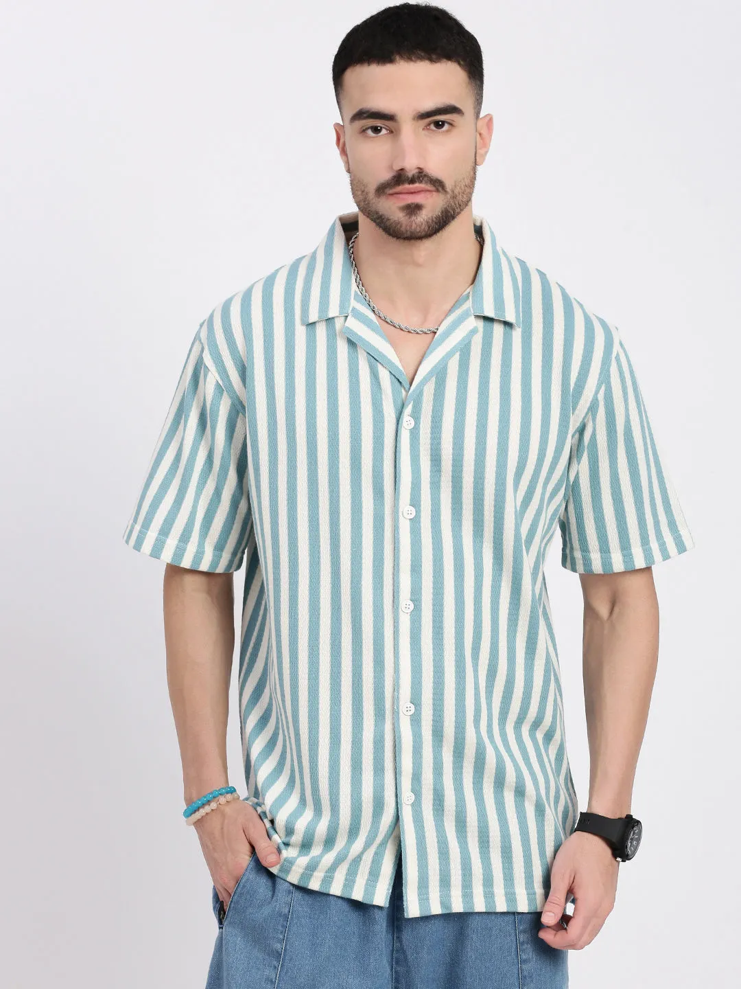 Men Blue Cuban Collar Striped Shirt