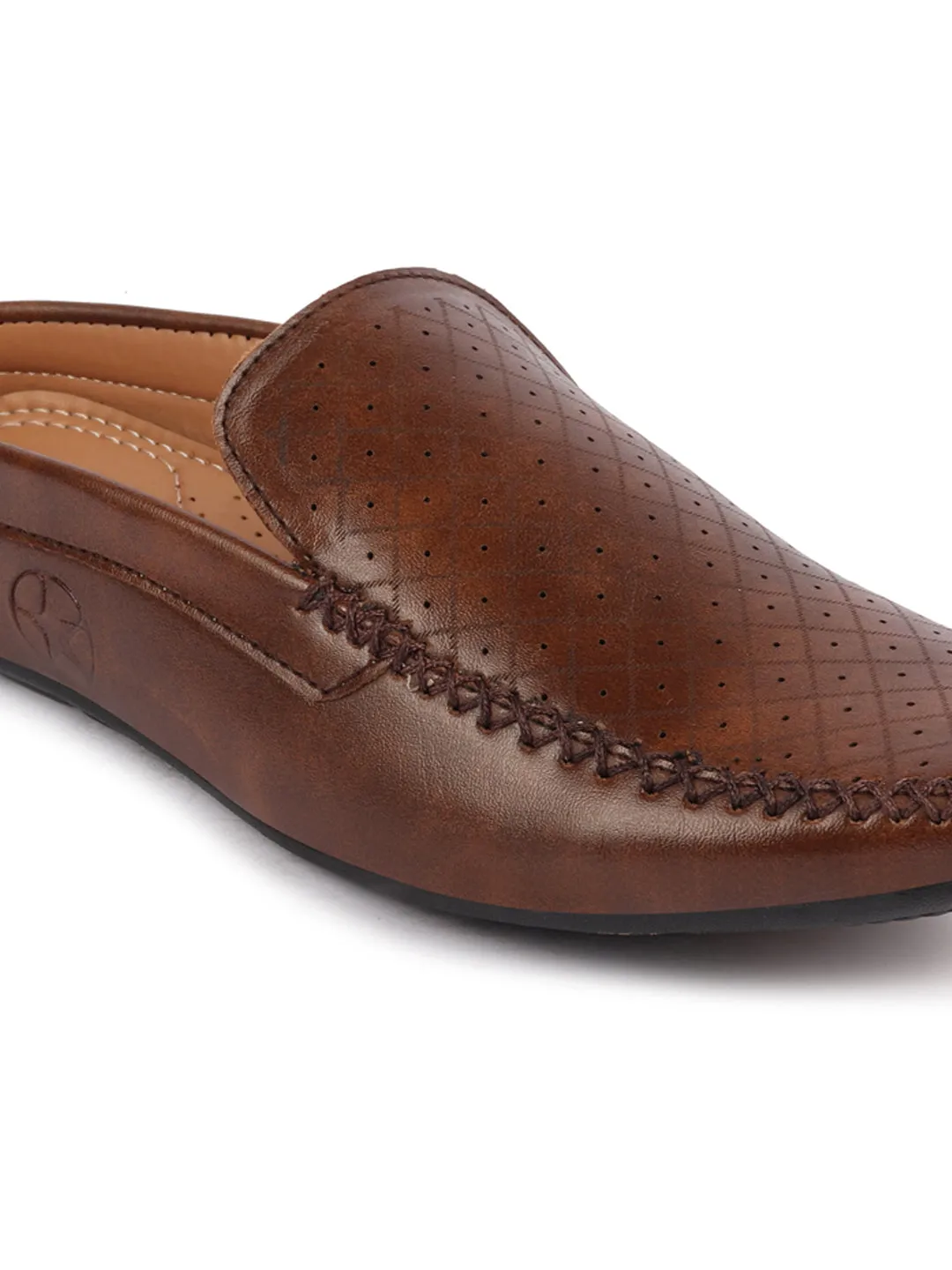 Men Brown Stitched Block Design Pattern Back Open Slip On Loafer Shoes