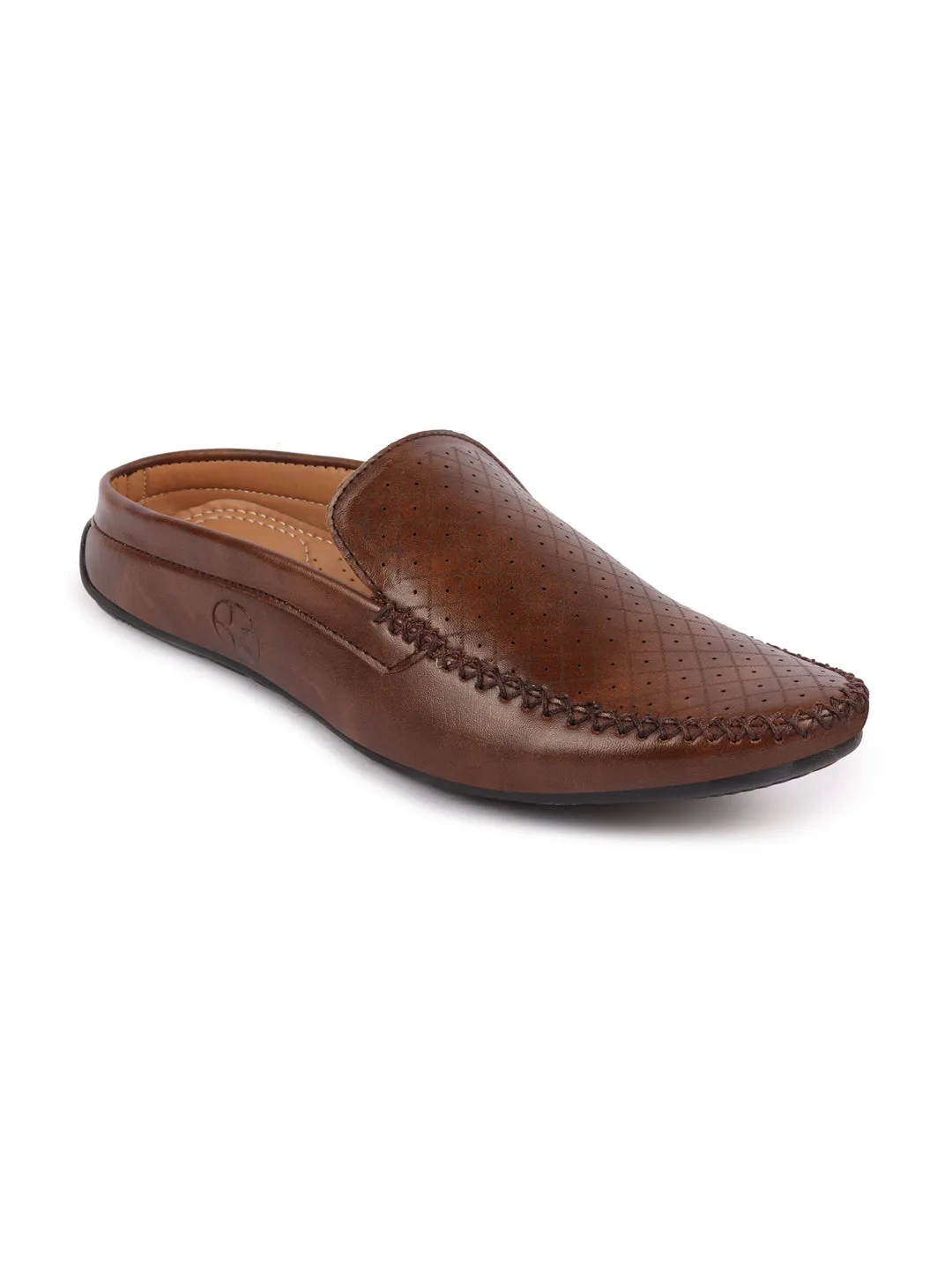 Men Brown Stitched Block Design Pattern Back Open Slip On Loafer Shoes