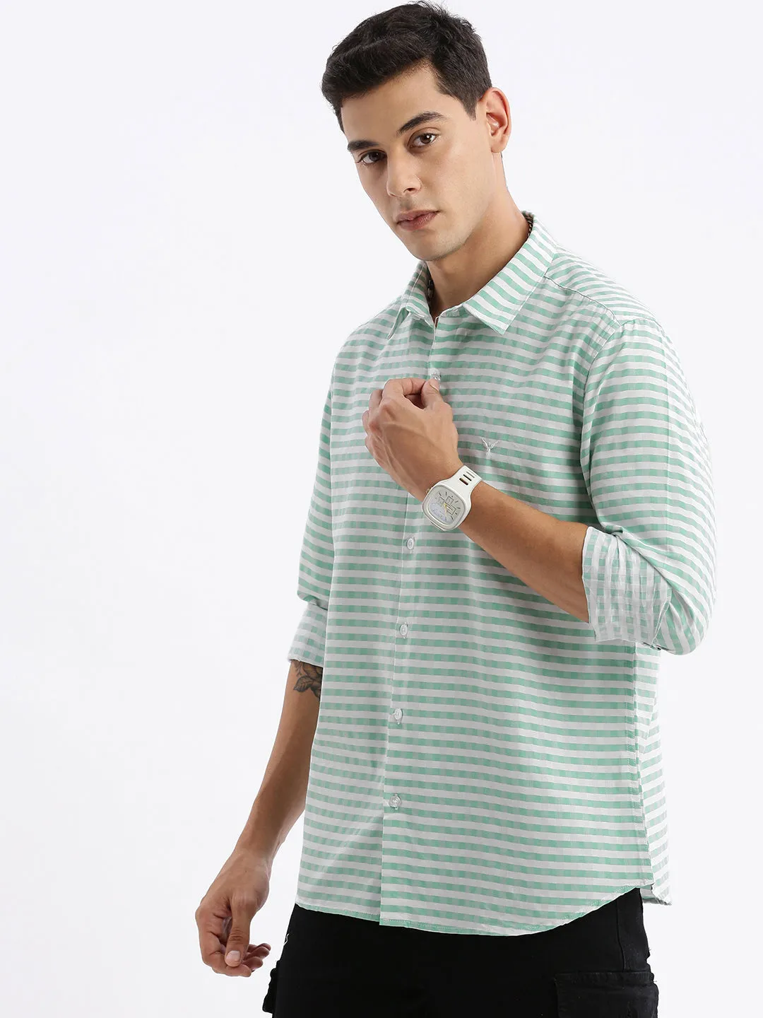 Men Checked Green Slim Fit Shirt