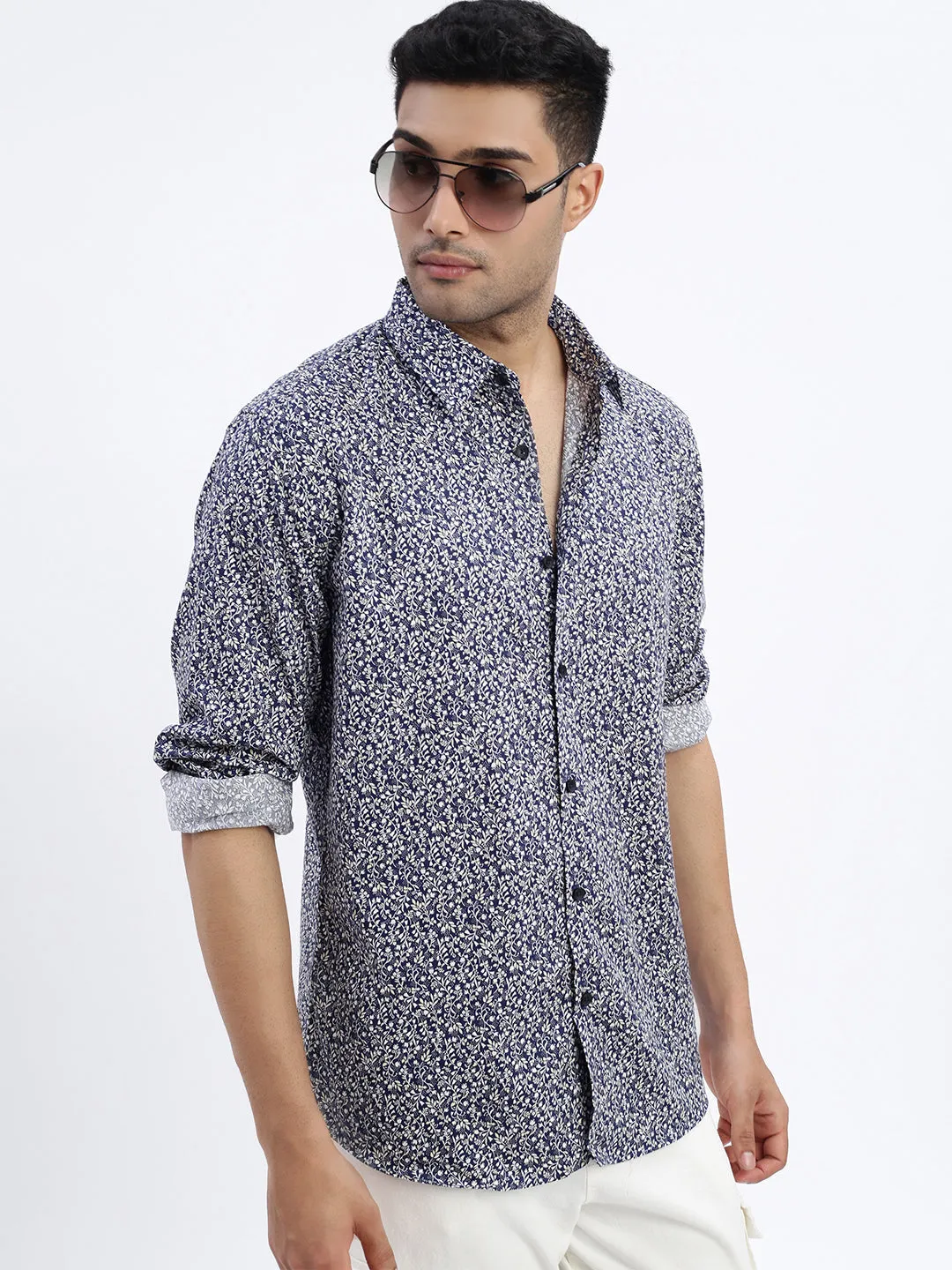 Men Navy Blue Micro Print Slim Fit Shirt