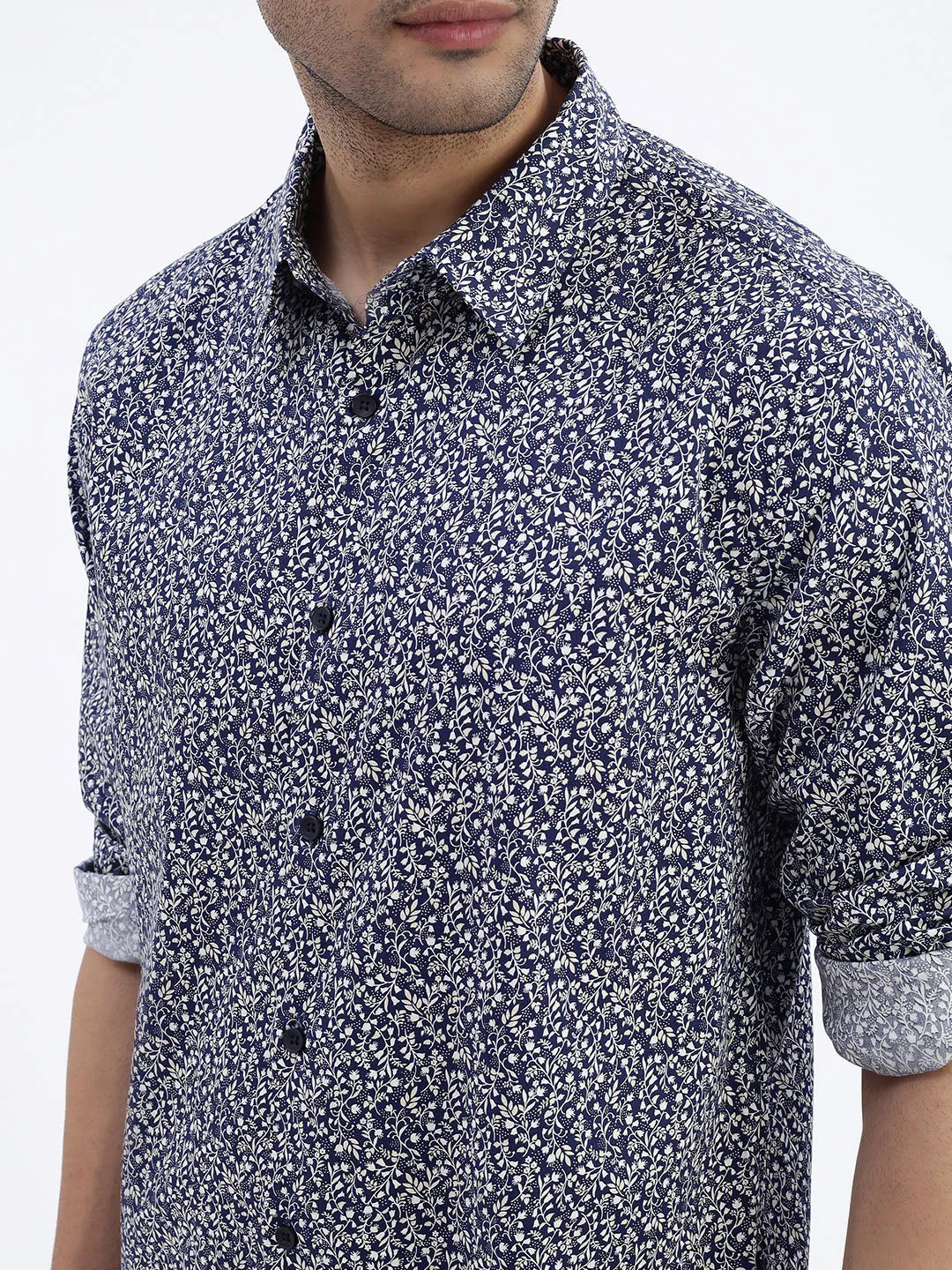 Men Navy Blue Micro Print Slim Fit Shirt