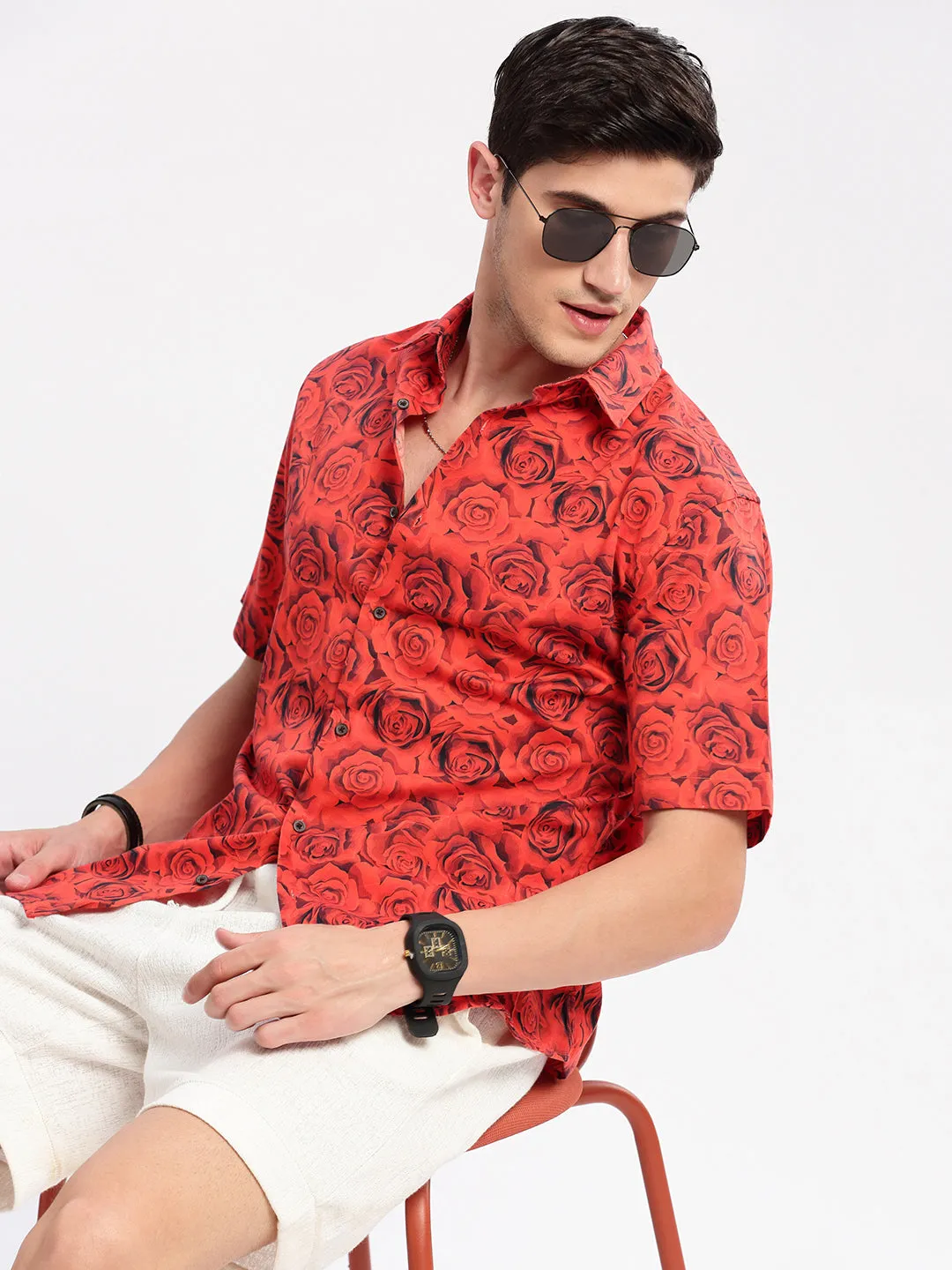 Men Spread Collar Floral Red Casual Shirt