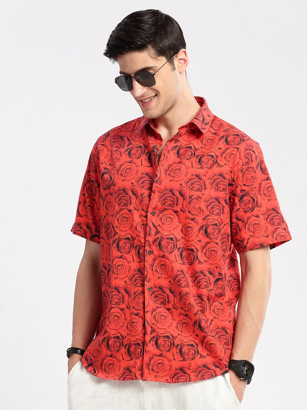 Men Spread Collar Floral Red Casual Shirt