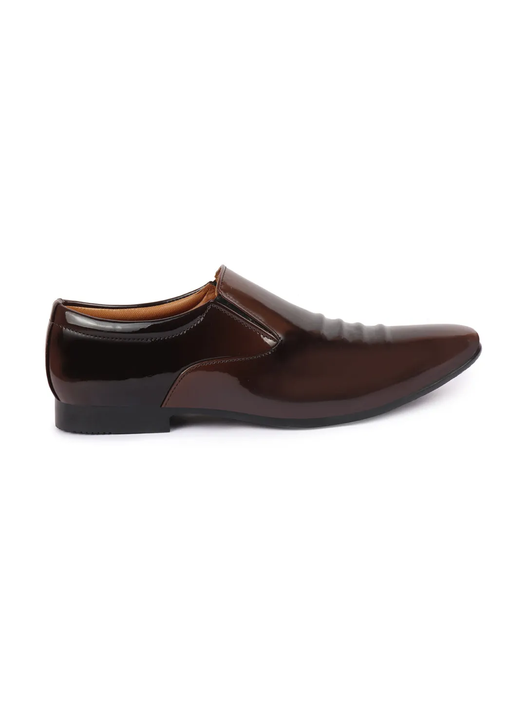 Men Tan Casual Patent Leather Slip-On Loafers