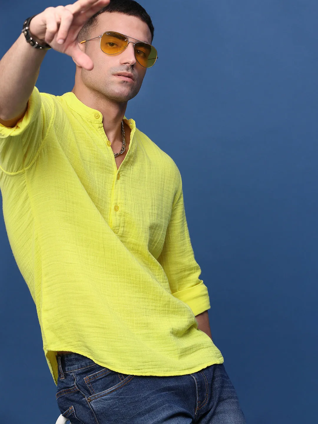 Men Yellow Solid Slim Fit Casual Kurta