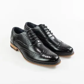 Men's Lace Up Leather Brogue XL Big Size Shoes - Oxford - Black