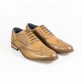 Men's Lace Up Leather Brogue XL Big Size Shoes - Oxford - Tan Brown