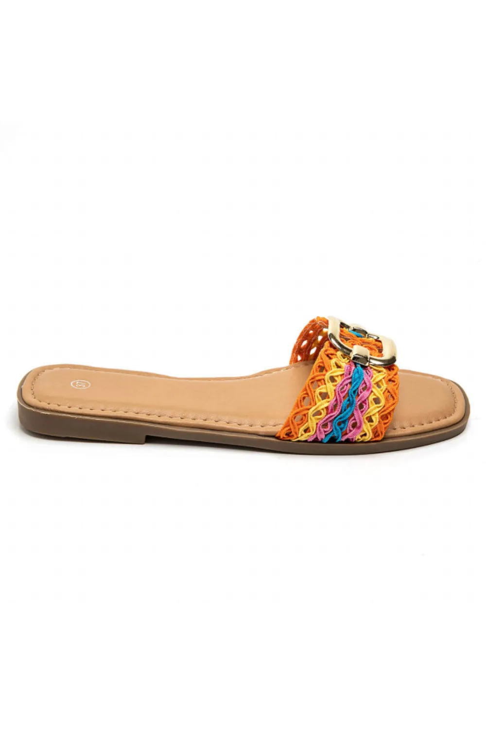 MULTI COLOUR NETTED BUCKLE DETAIL FLAT SANDALS