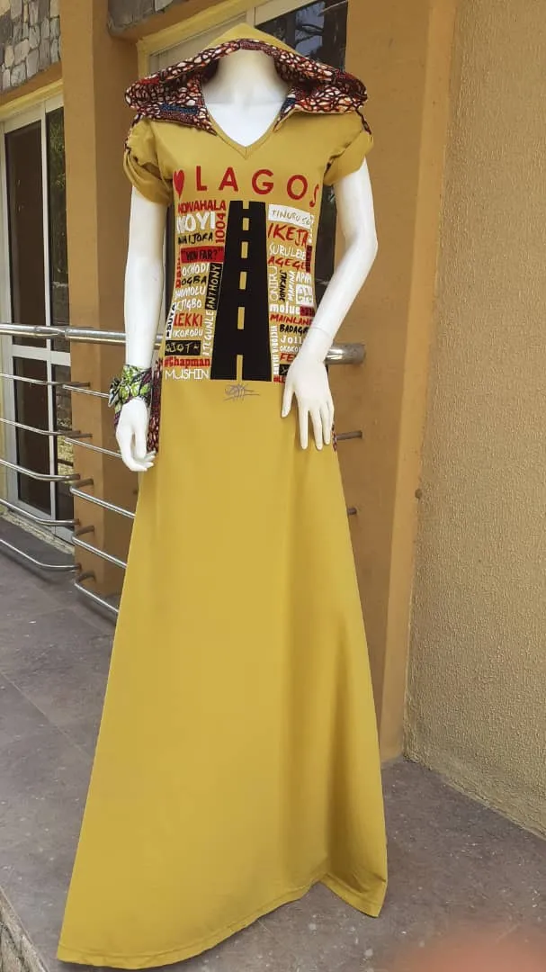 MUSTARD MAXI LOVE LAGOS HOODED DRESS, ANKARA DETAIL