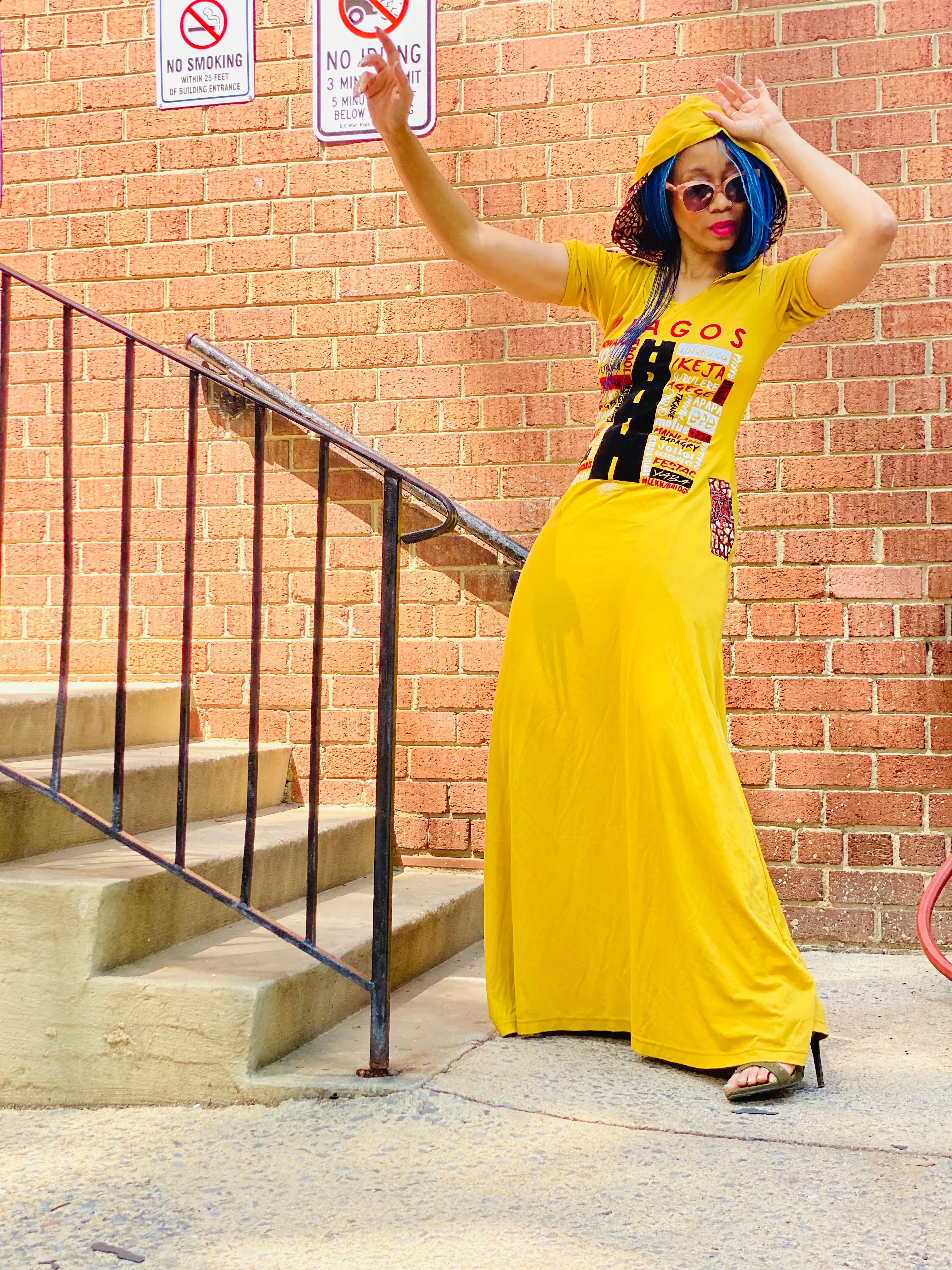 MUSTARD MAXI LOVE LAGOS HOODED DRESS, ANKARA DETAIL