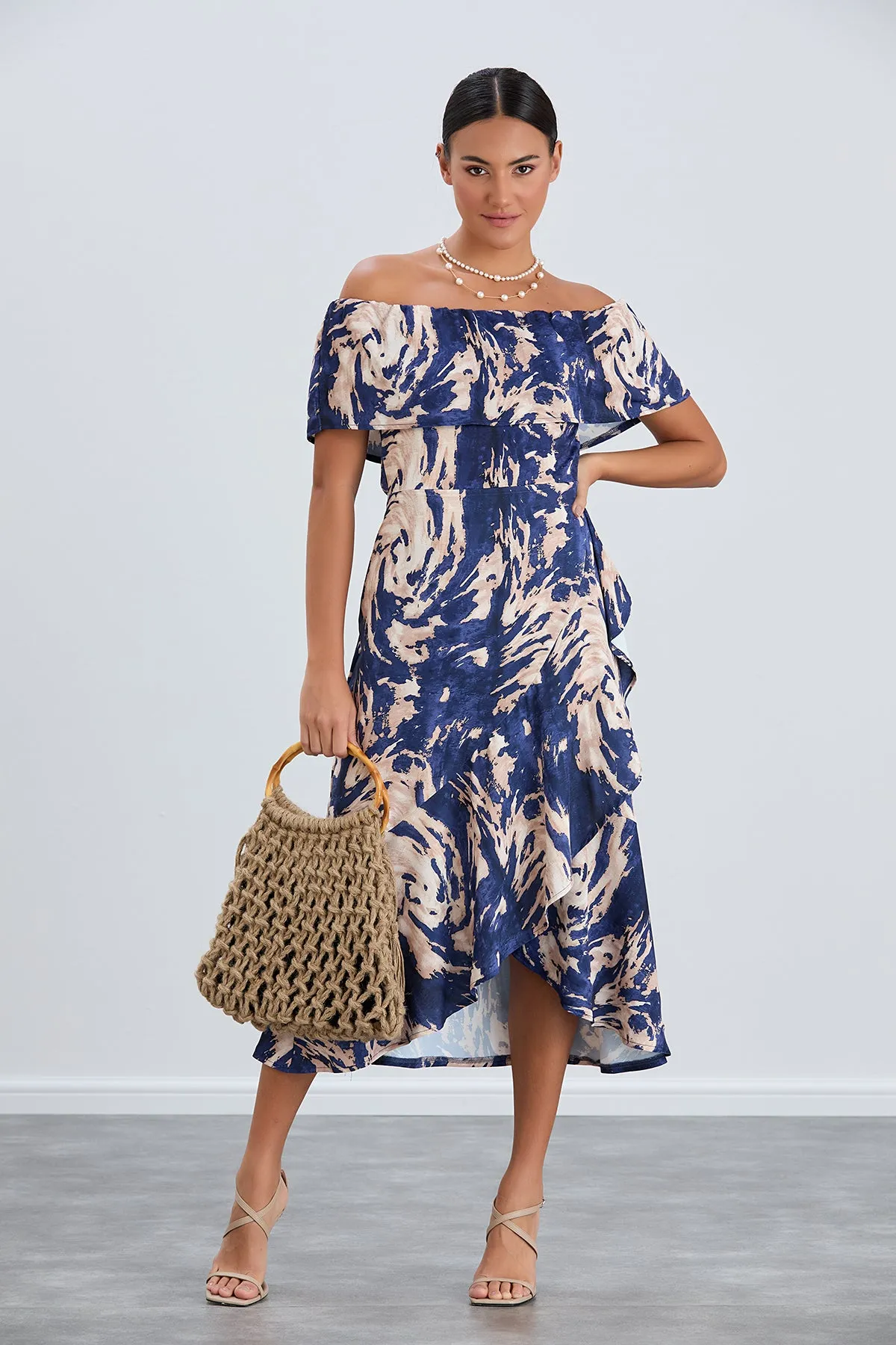 Off-Shoulder Navy Print Midi Dress