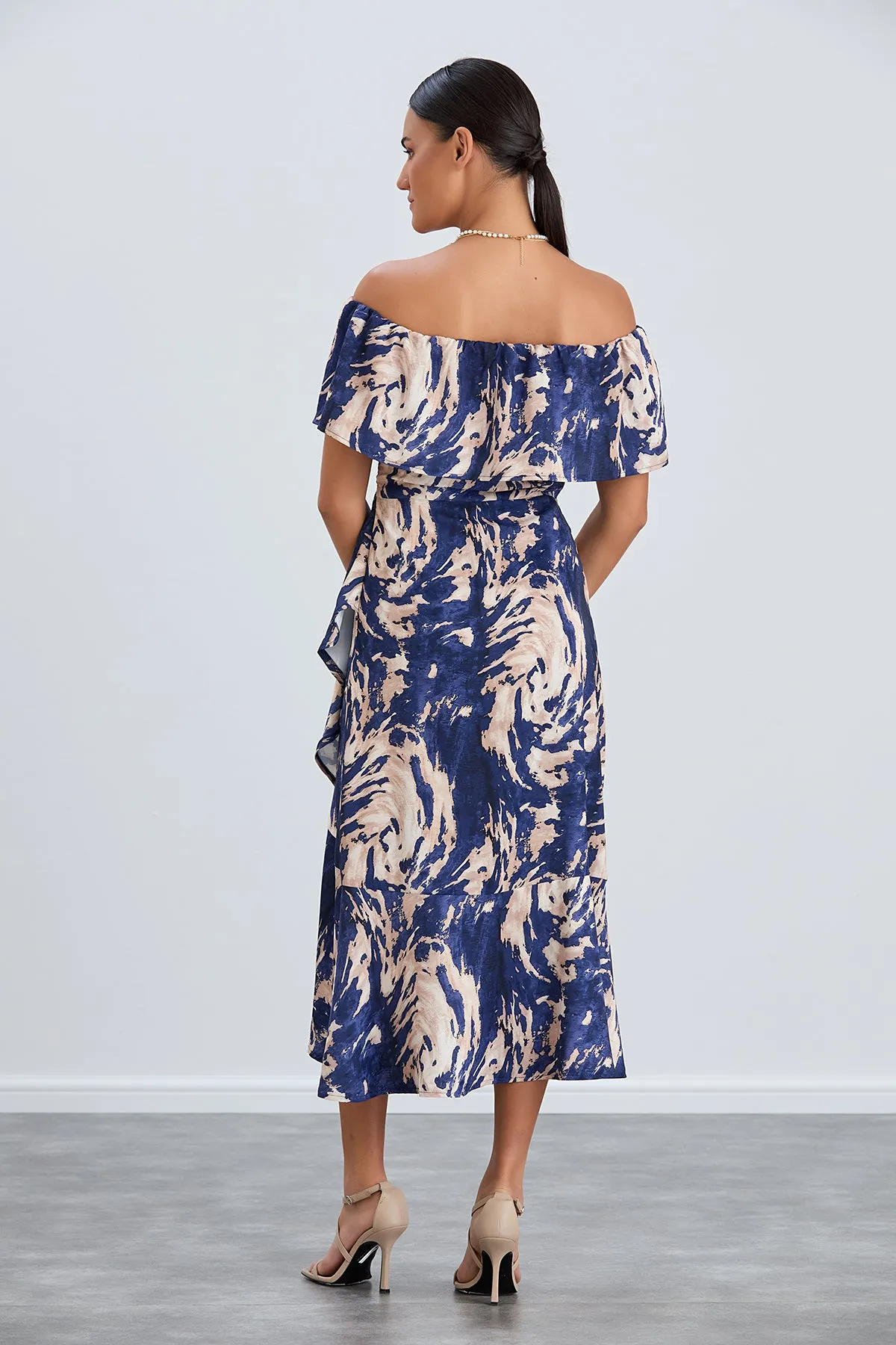 Off-Shoulder Navy Print Midi Dress