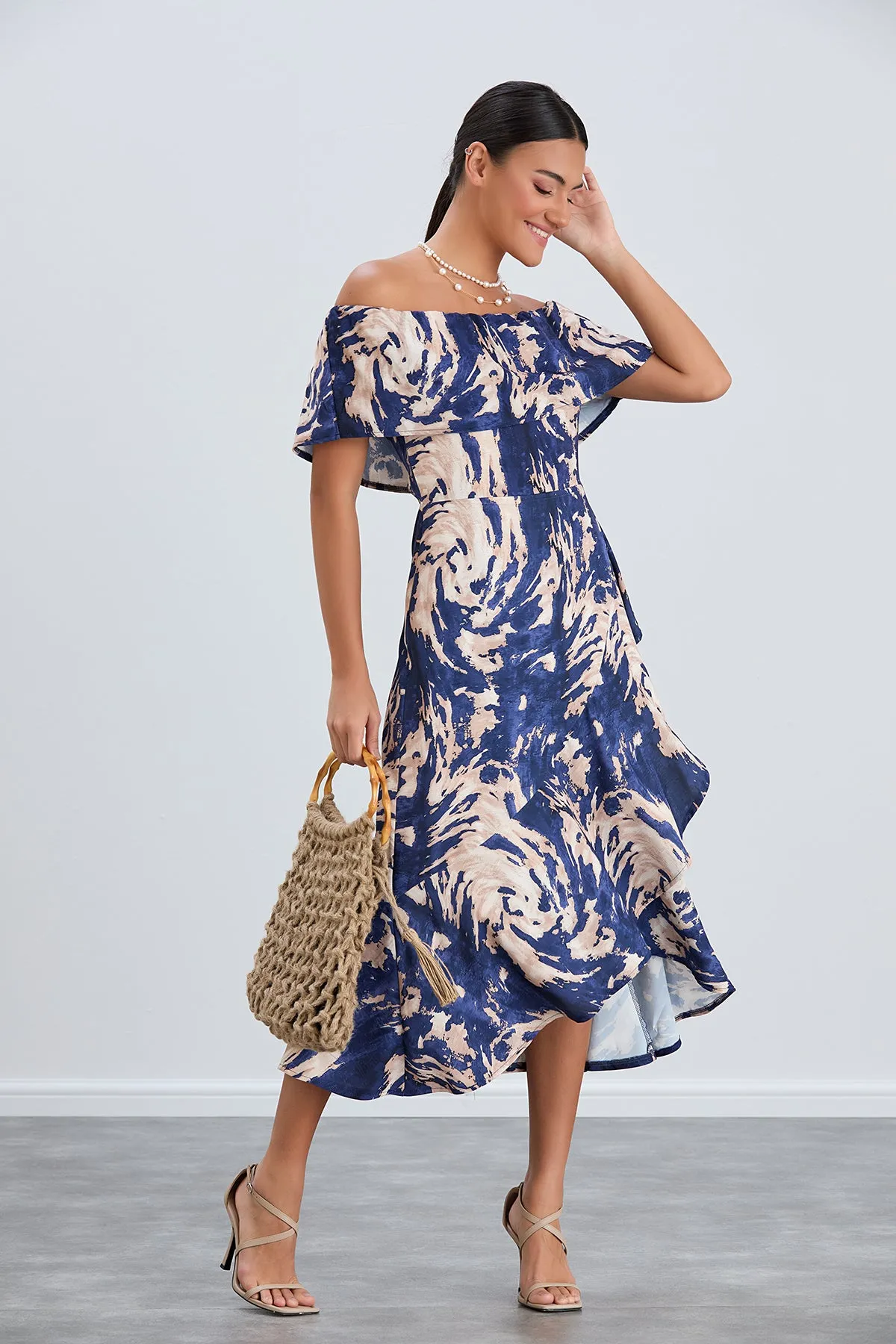 Off-Shoulder Navy Print Midi Dress