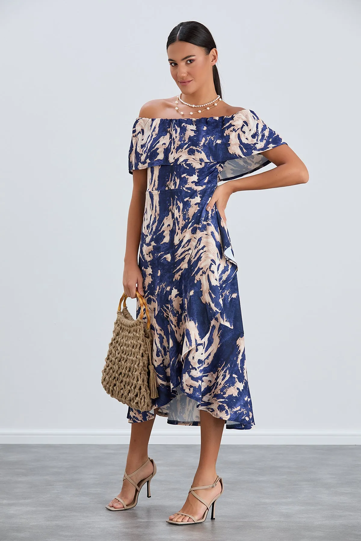 Off-Shoulder Navy Print Midi Dress