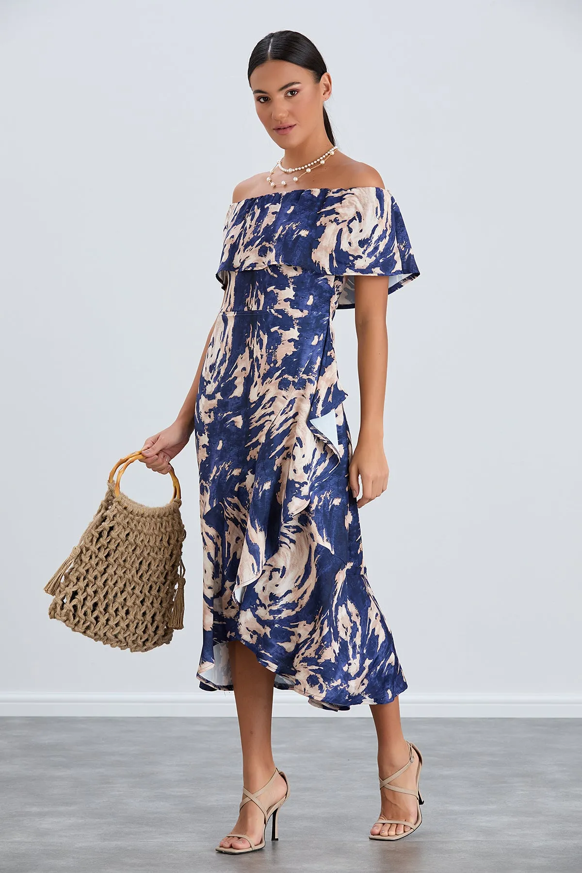 Off-Shoulder Navy Print Midi Dress