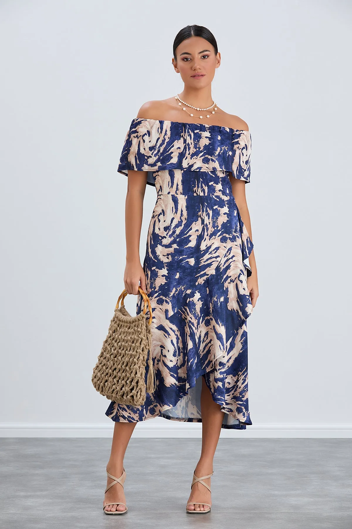 Off-Shoulder Navy Print Midi Dress