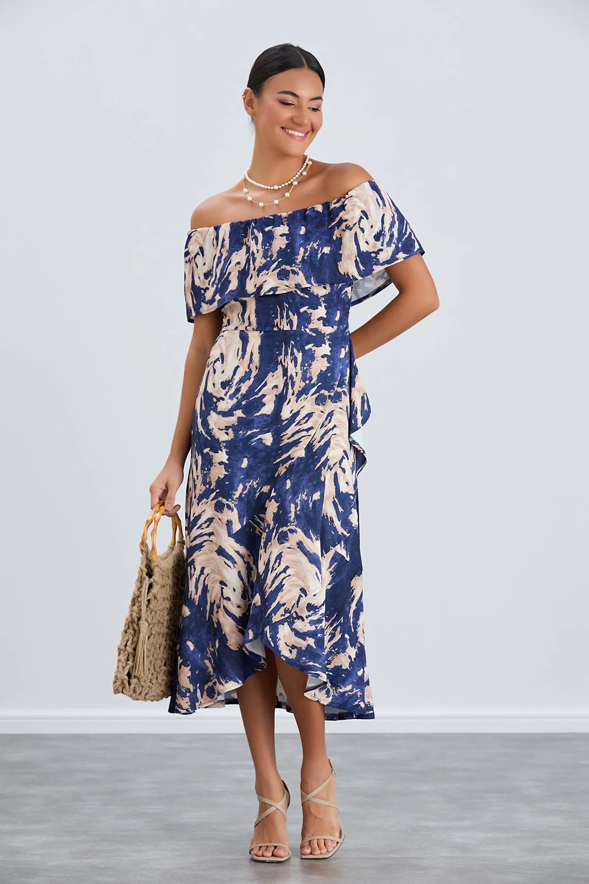 Off-Shoulder Navy Print Midi Dress