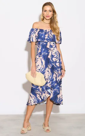 Off-Shoulder Navy Print Midi Dress