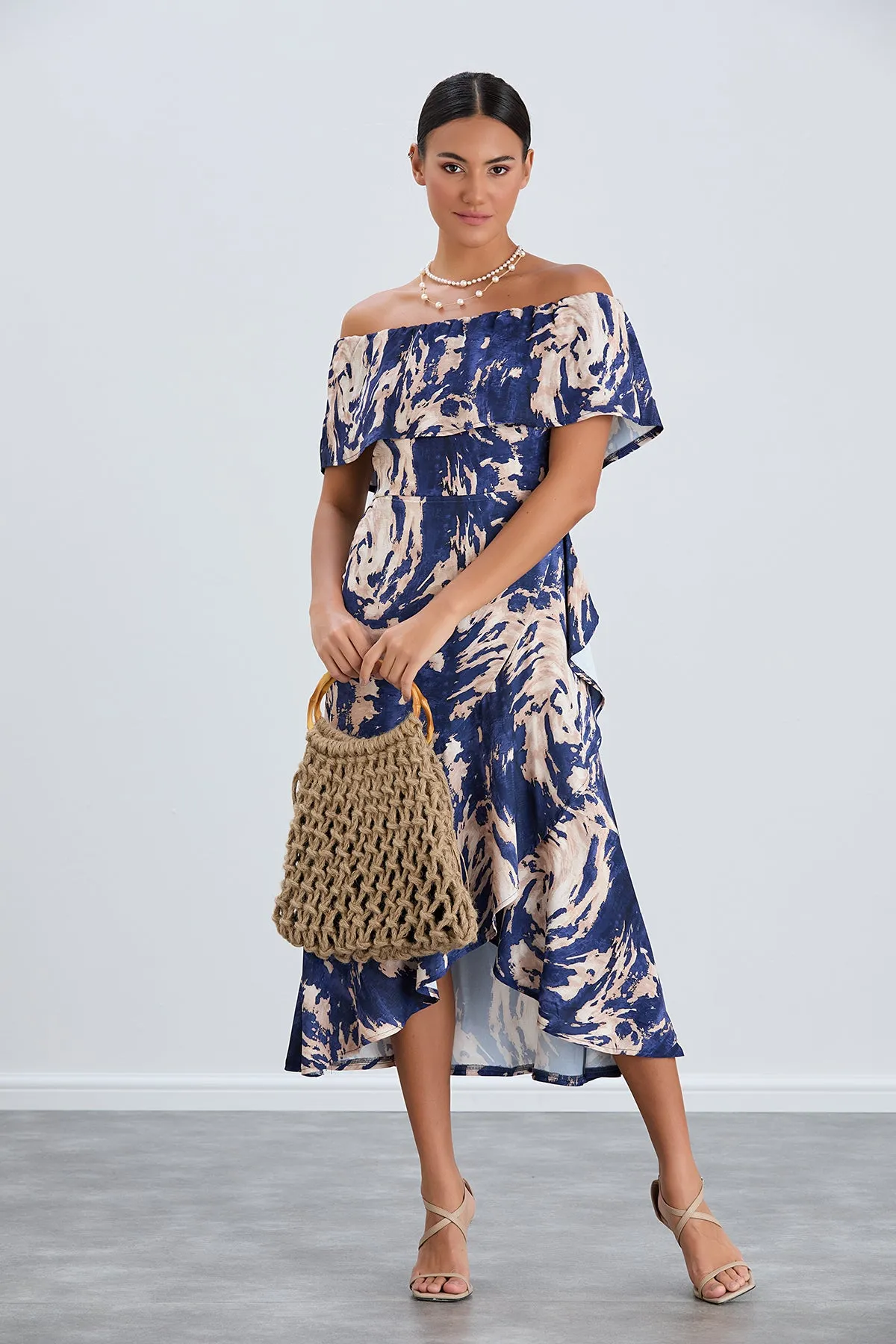 Off-Shoulder Navy Print Midi Dress