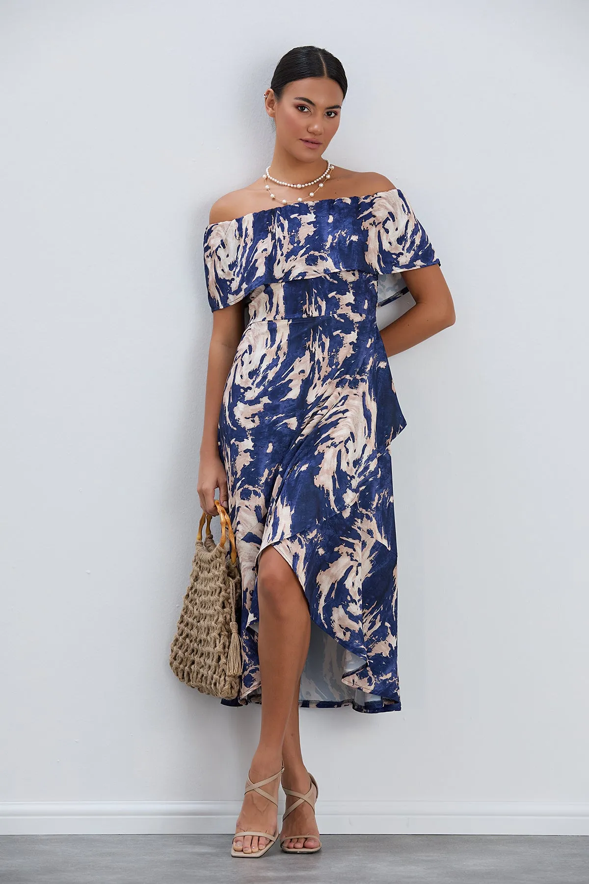 Off-Shoulder Navy Print Midi Dress