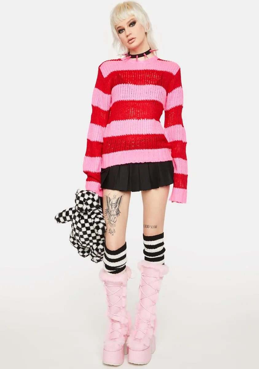 Pink Red Open Stripe Knit Sweater