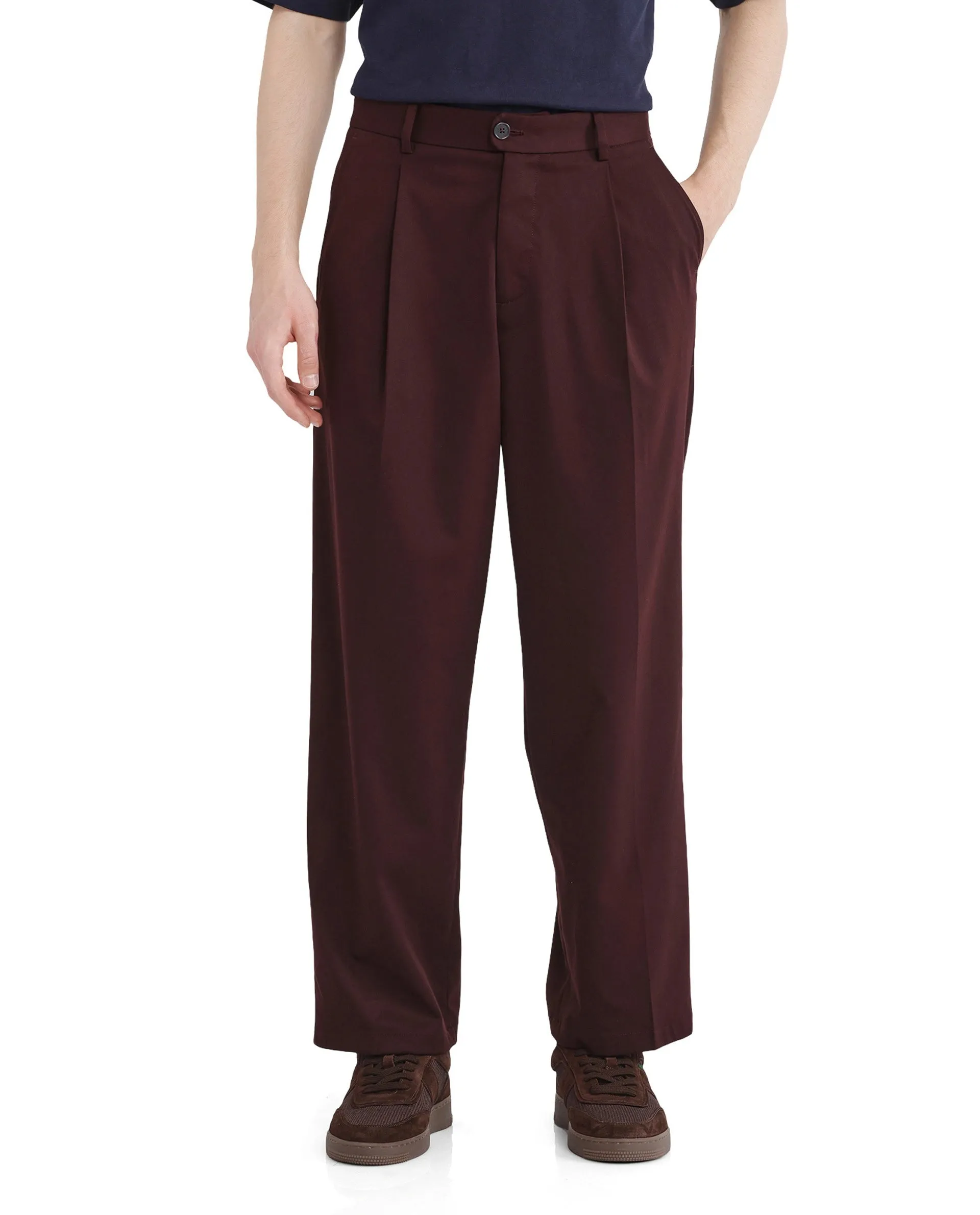 Rare Rabbit Men's Brelint Maroon Cotton Blend Fabric Plain Trouser