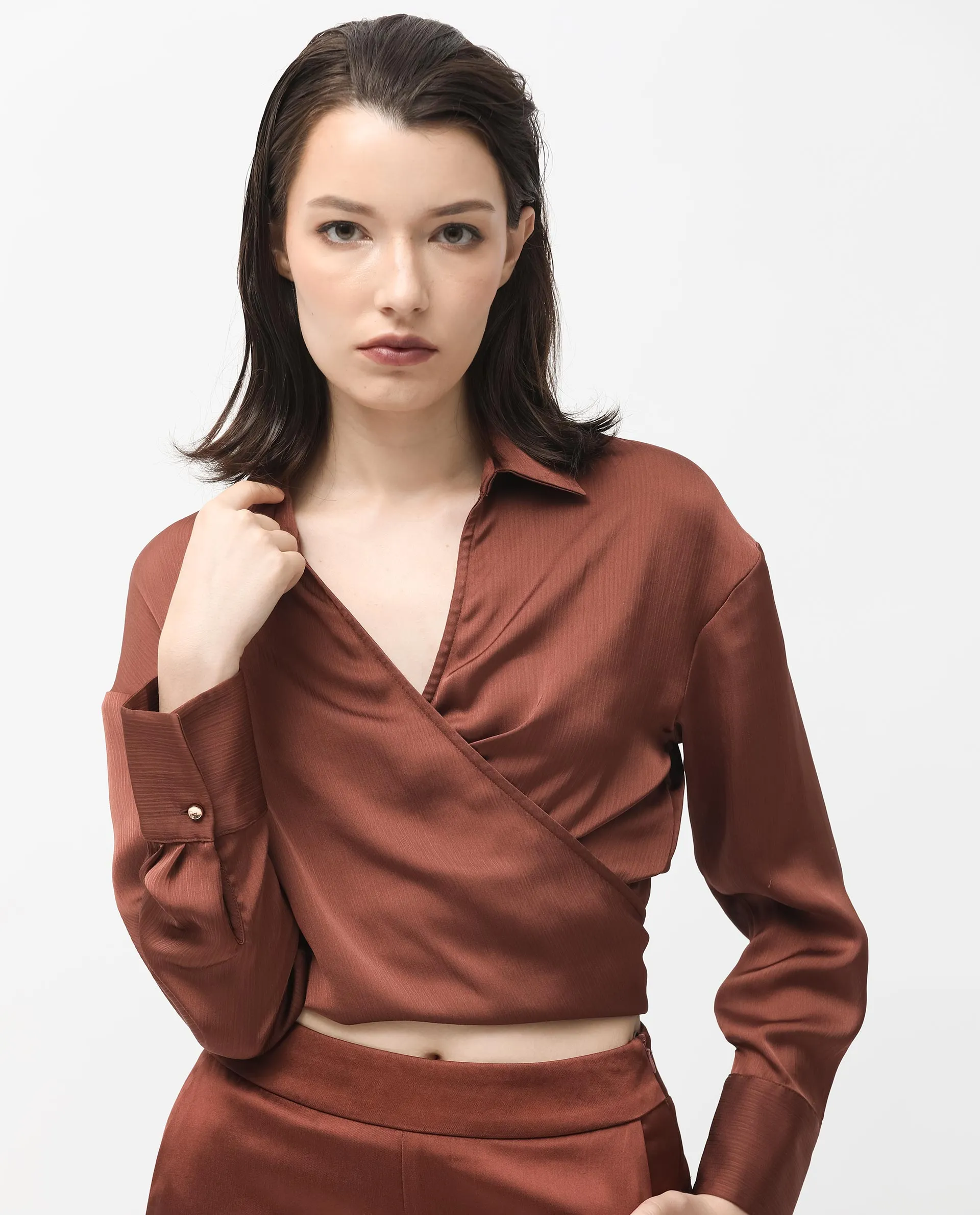 Rareism Women Andreala Dark Brown Polyester Fabric Full Sleeves Johnny Collar Regular Fit Plain Top