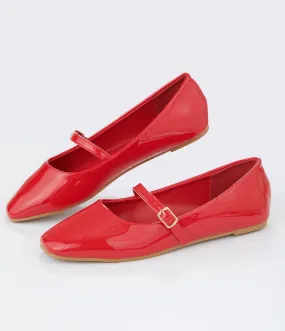 Red Patent Leatherette Mary Jane Flats