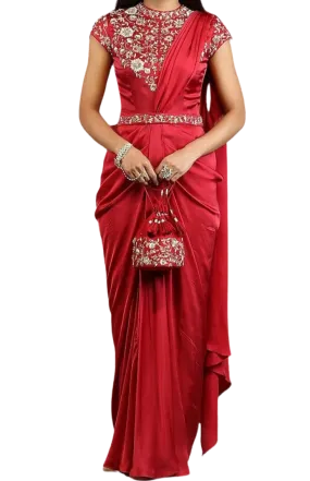 Ruby Red Floral Embellished Pre-Stitched Sari Gown