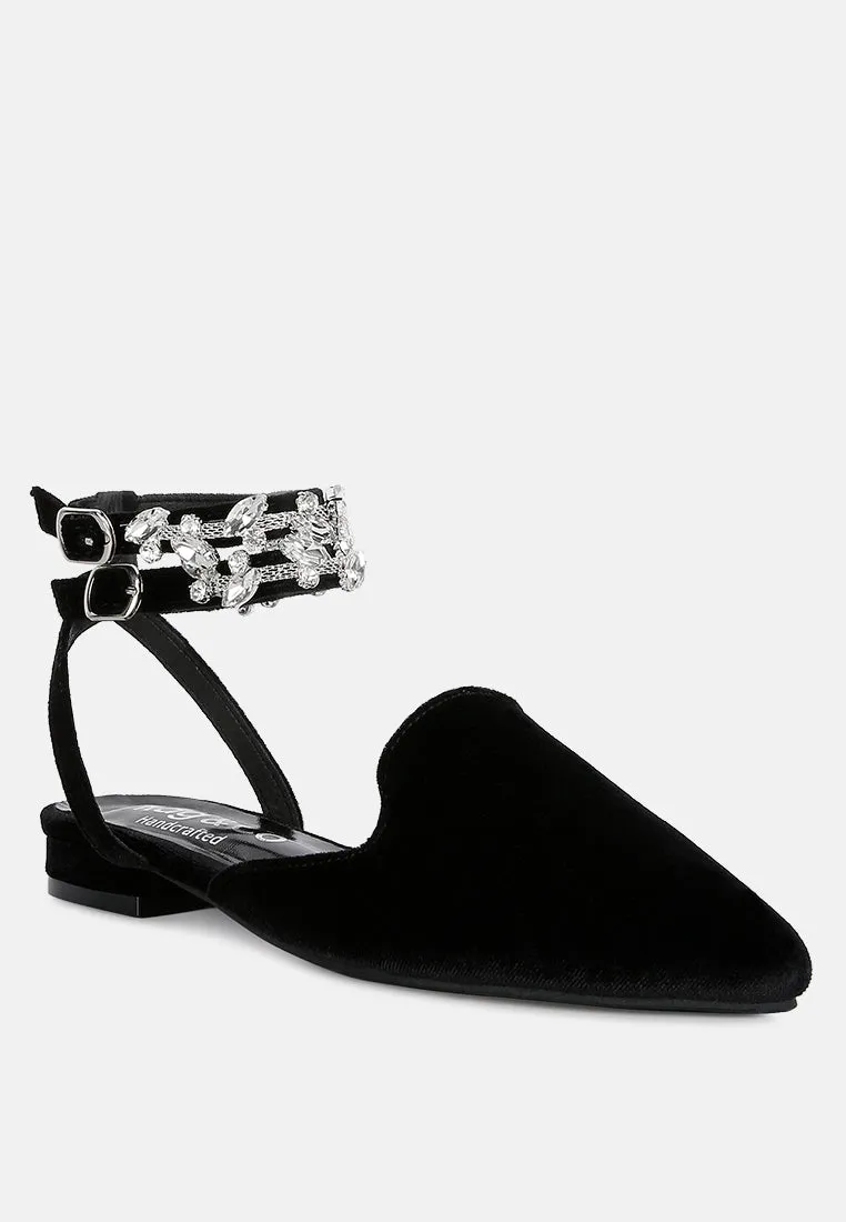 Salome Black Velvet Luxe Jewelled Flat Mules