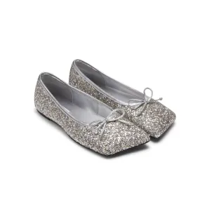 Shiny Silver Square Toe Bow Ballet Shoes