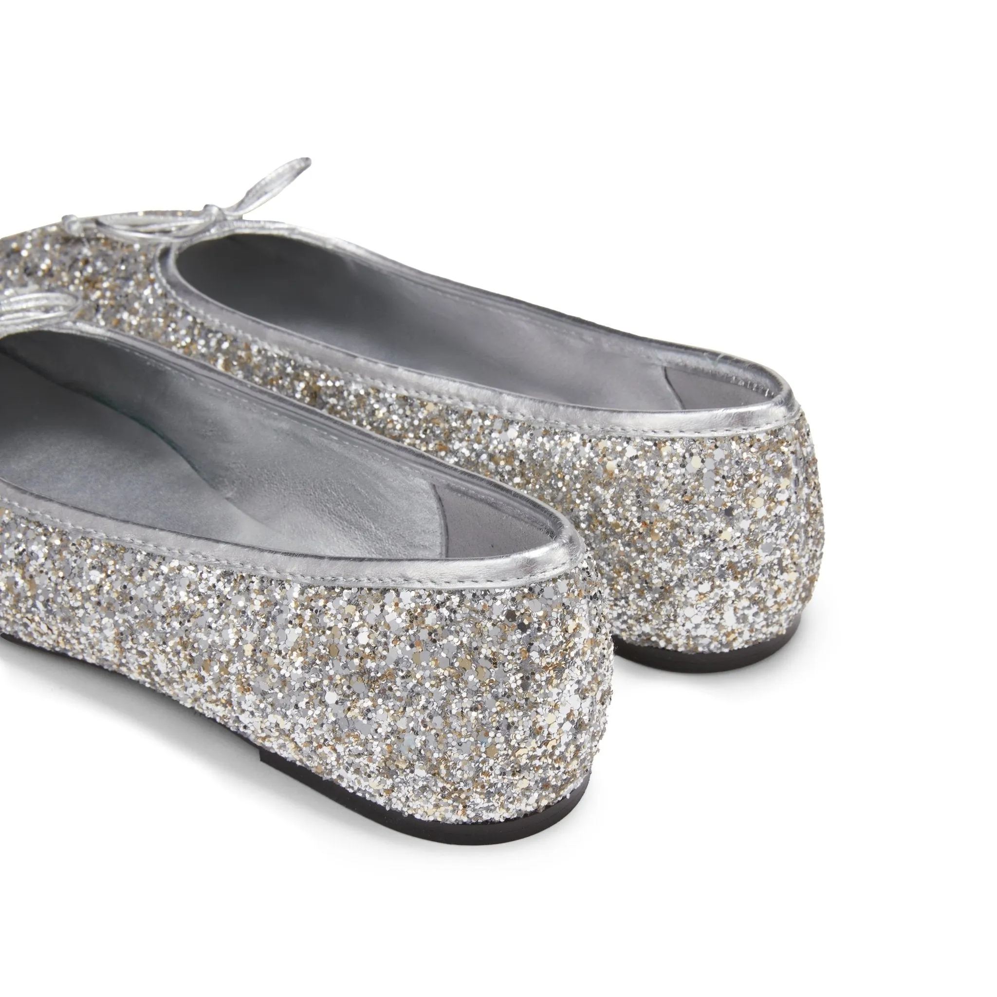 Shiny Silver Square Toe Bow Ballet Shoes