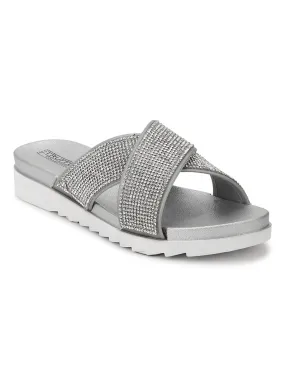 Silver Diamante Crossover Slip-On Flats