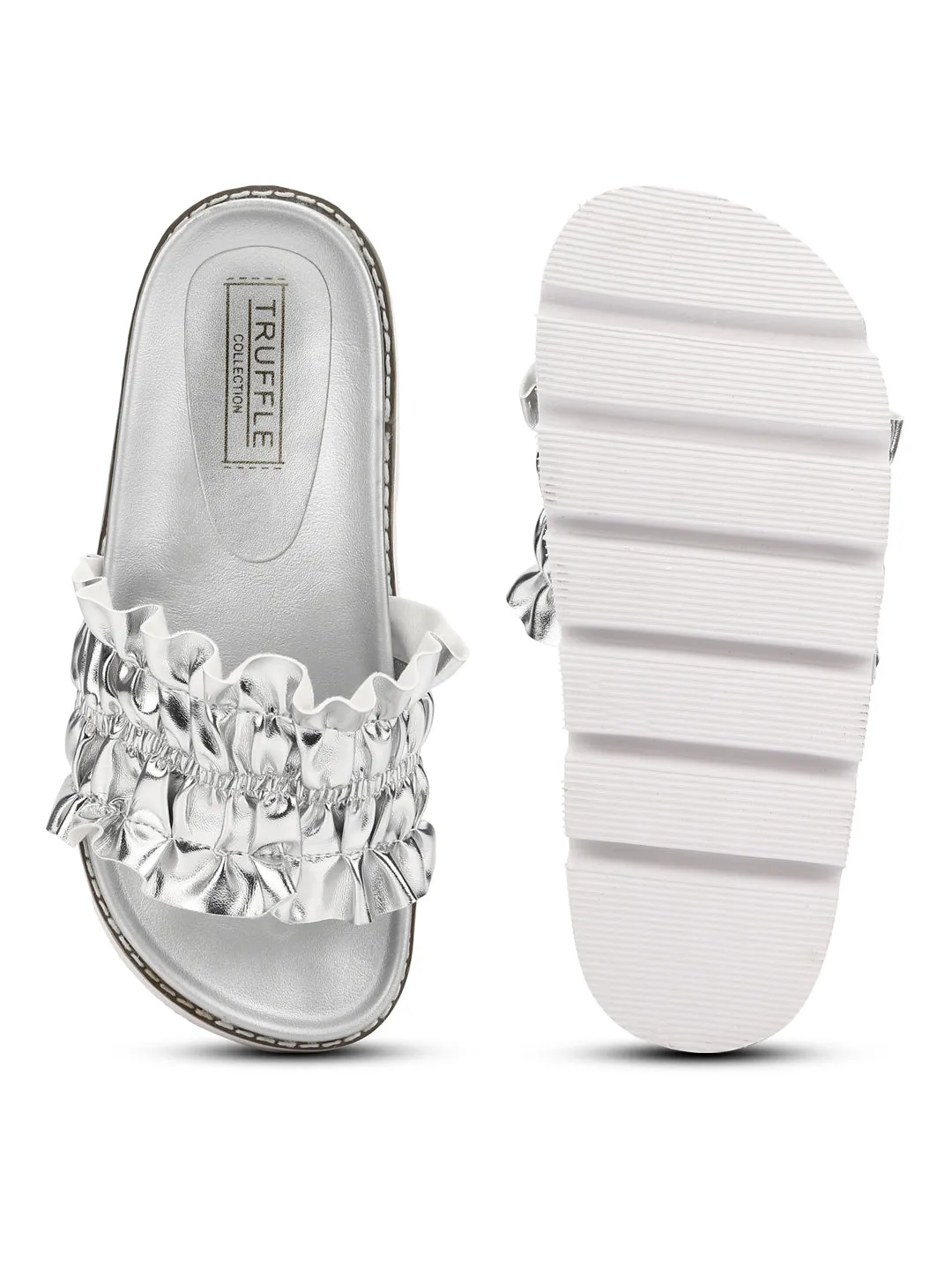 Silver PU Ruffled Slip-On Flats