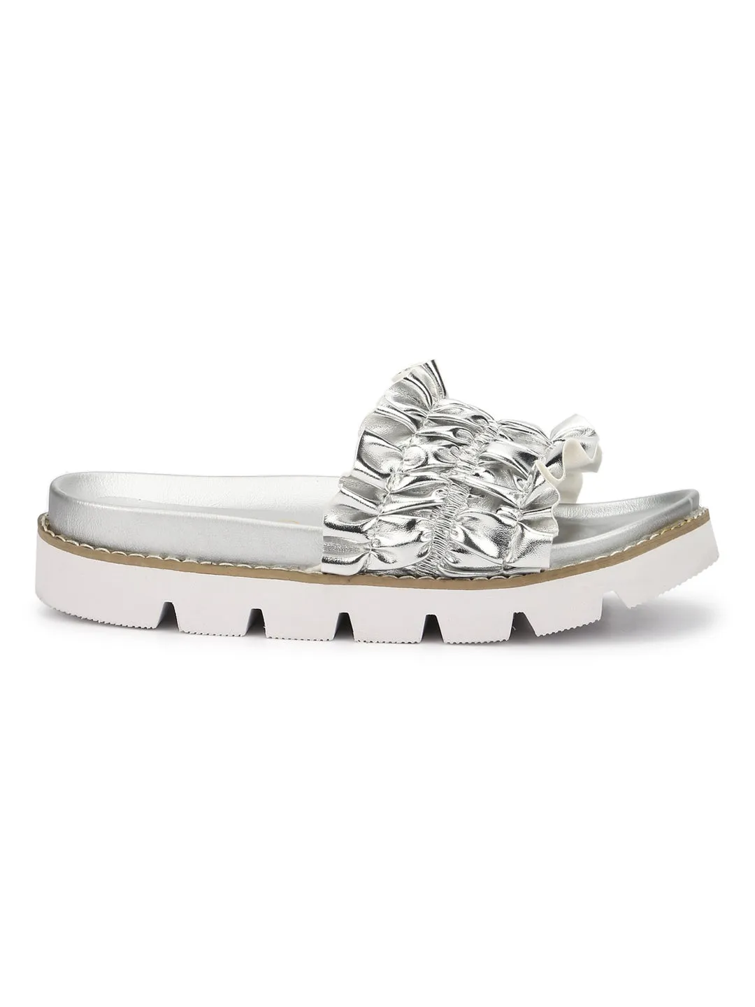 Silver PU Ruffled Slip-On Flats