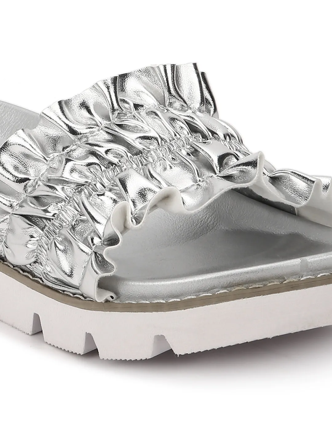 Silver PU Ruffled Slip-On Flats