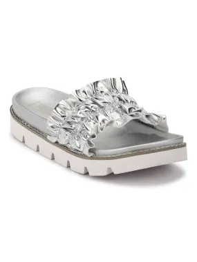 Silver PU Ruffled Slip-On Flats