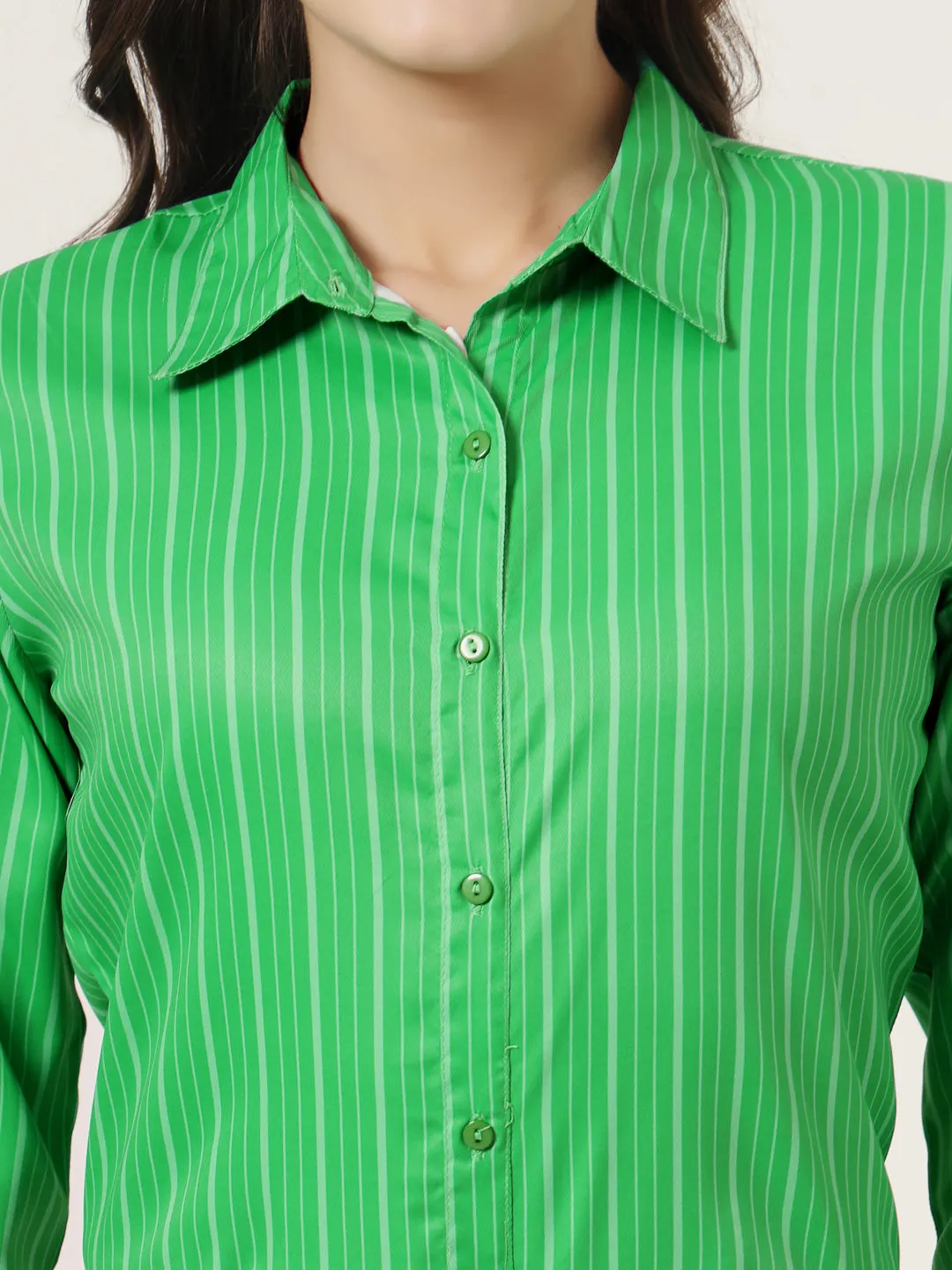 Style Quotient Women Green Stripe Printed Polyester Regular Fit Formal Shirt