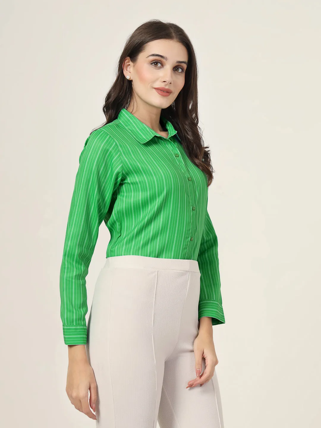 Style Quotient Women Green Stripe Printed Polyester Regular Fit Formal Shirt