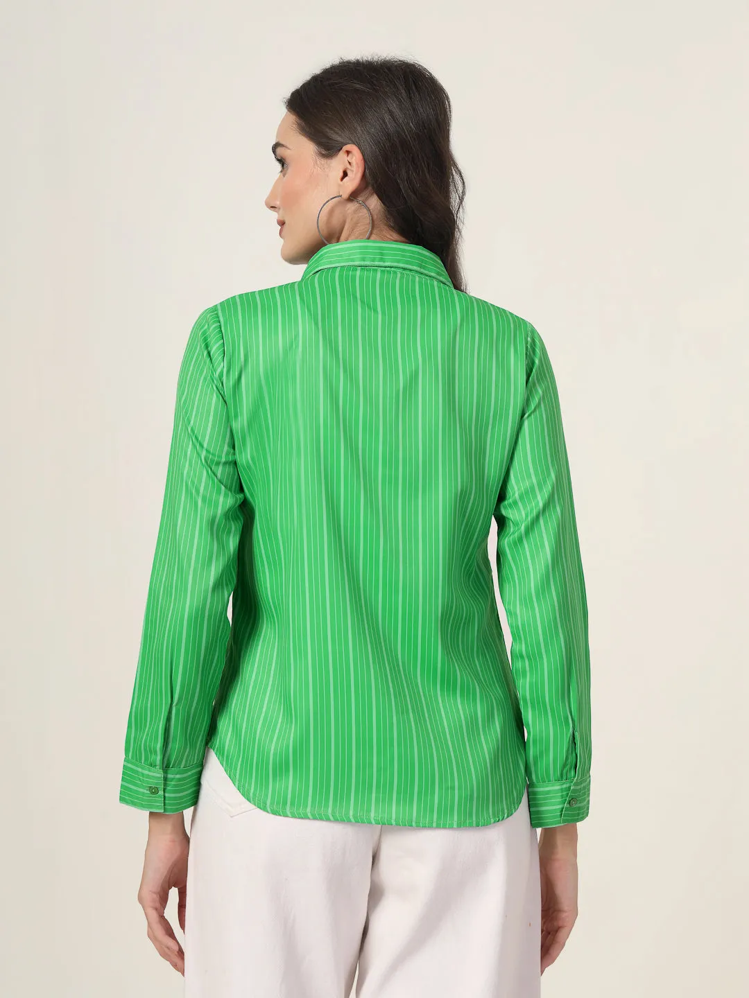 Style Quotient Women Green Stripe Printed Polyester Regular Fit Formal Shirt