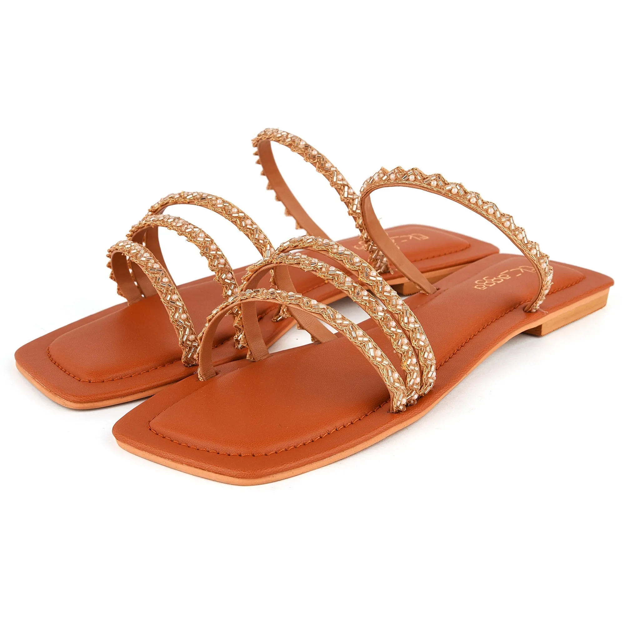 Tan Embroidered Strappy Flats