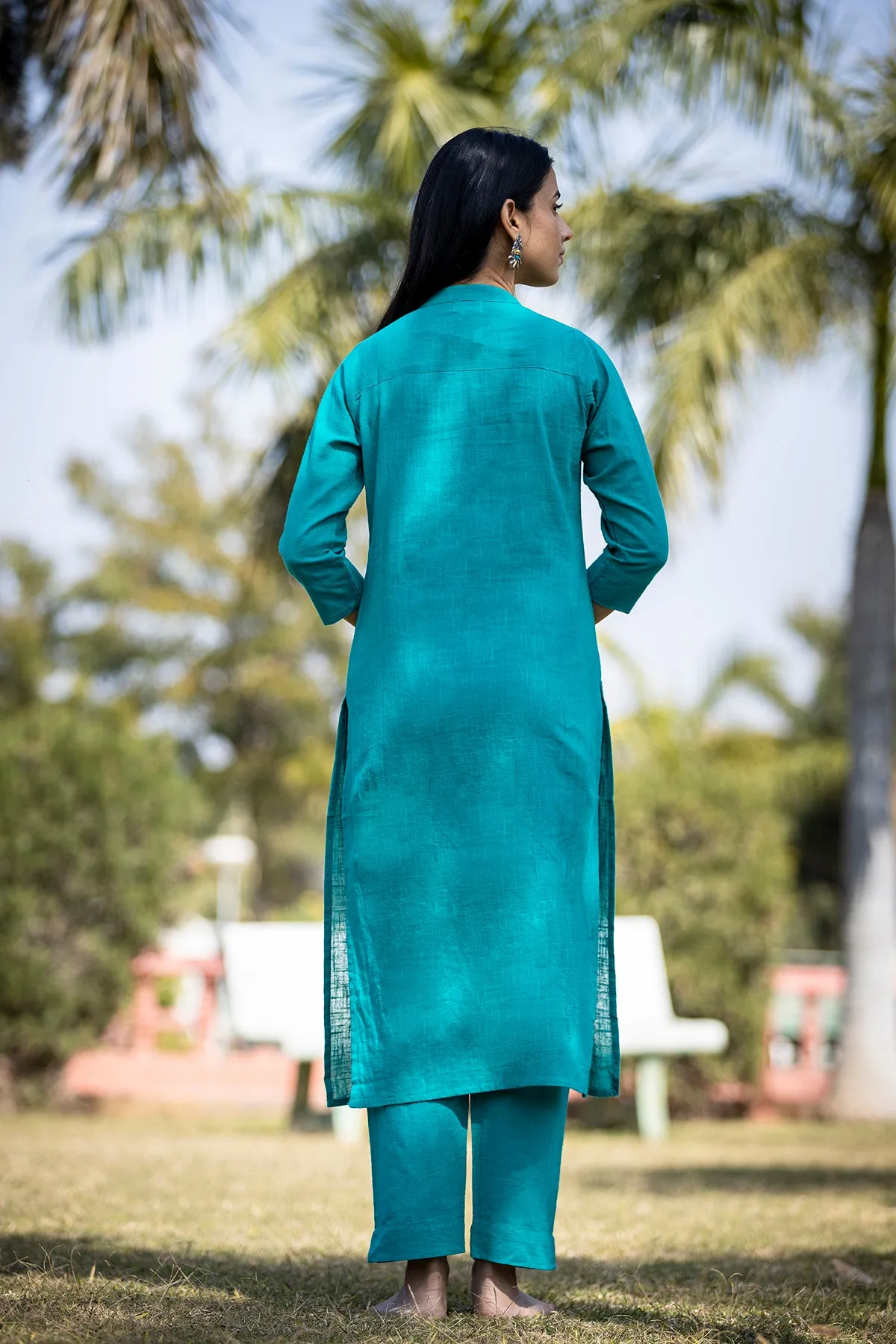 Teal Green Solid Cotton Kurta Pant Set (set of 2)