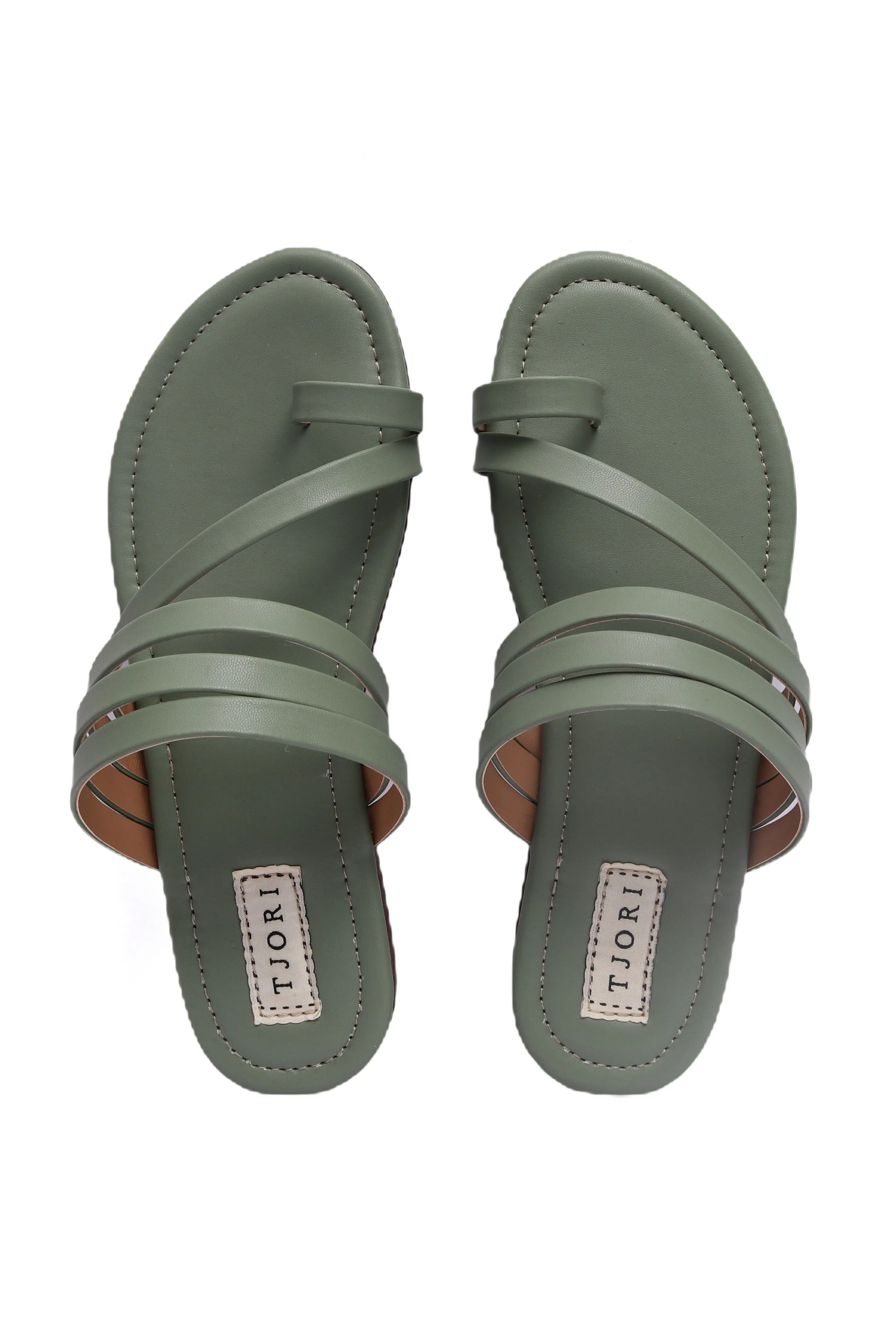 Viridian Green Strappy Slip-On Flats With Insole Cushion Padding