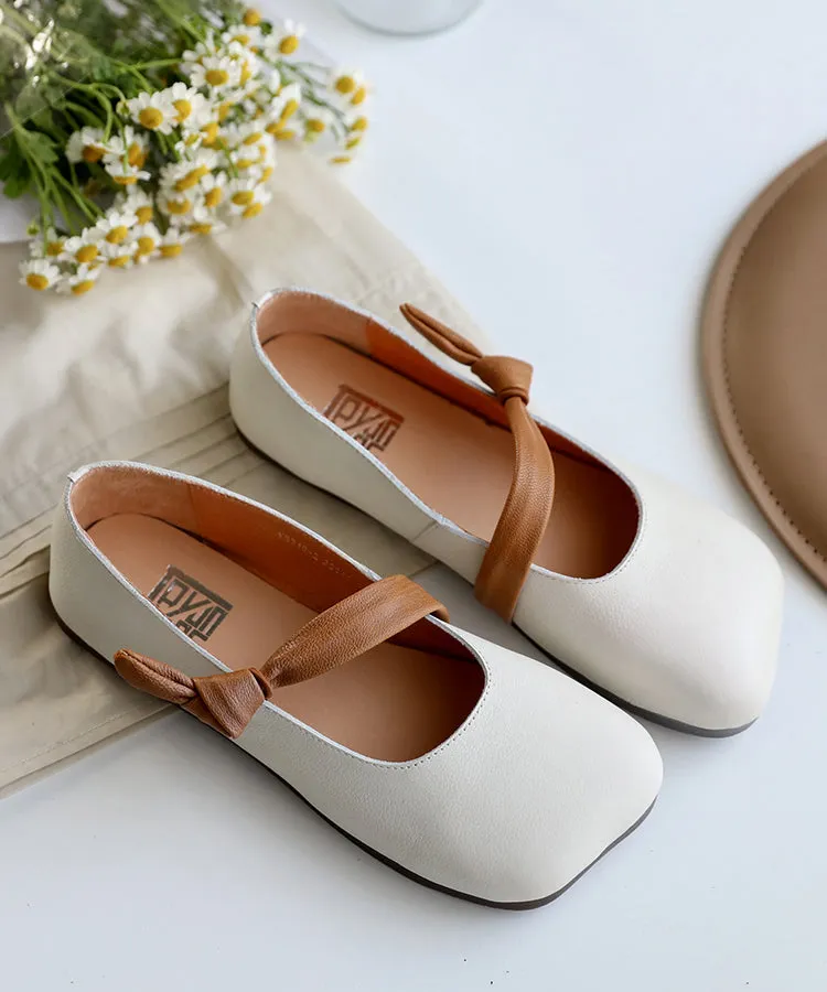 White Flats Cowhide Leather Unique Buckle Strap Flats