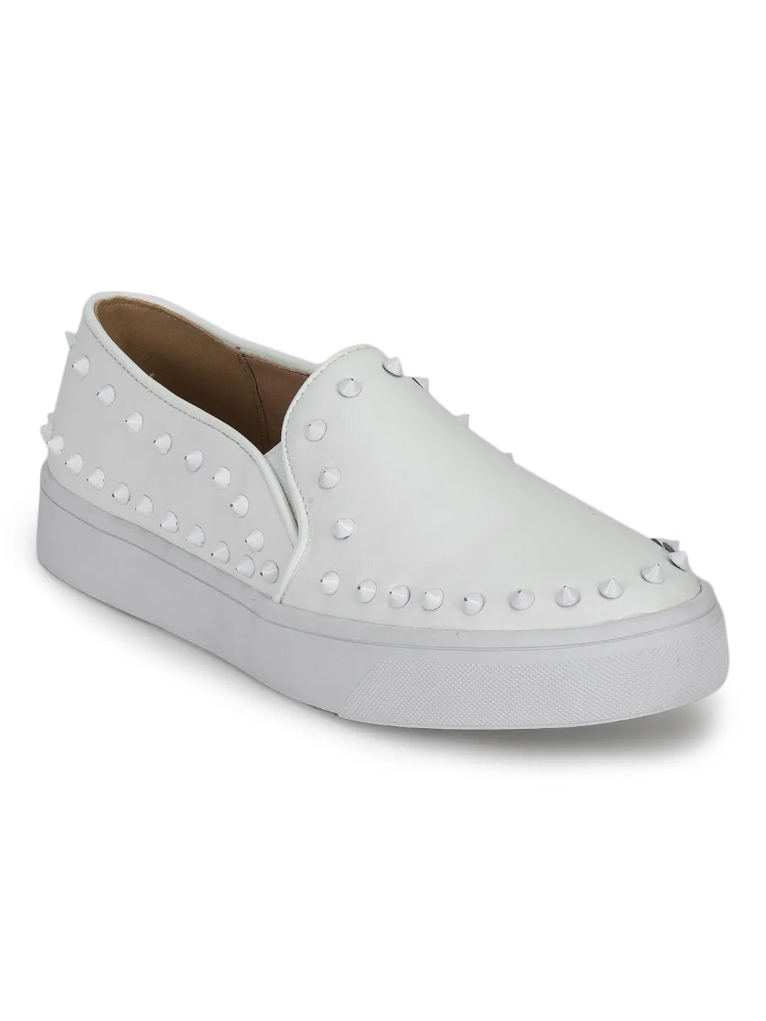 White PU Studded Slip-On Loafers (TC-RLST2-WHT)