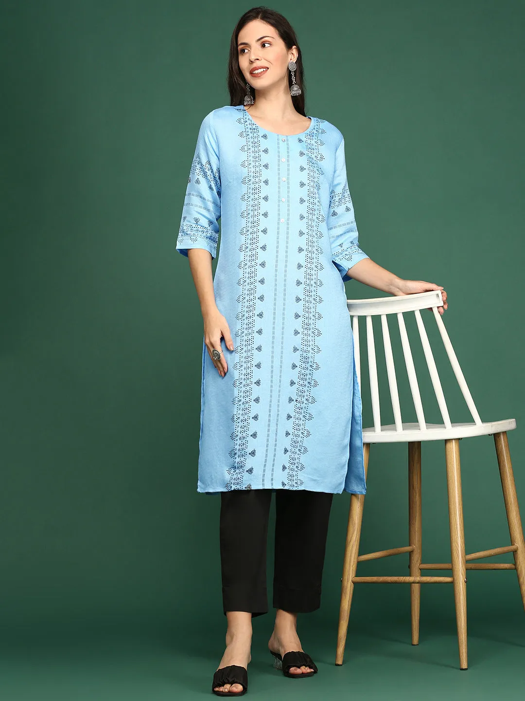 Women Blue Printed Straight Kurta