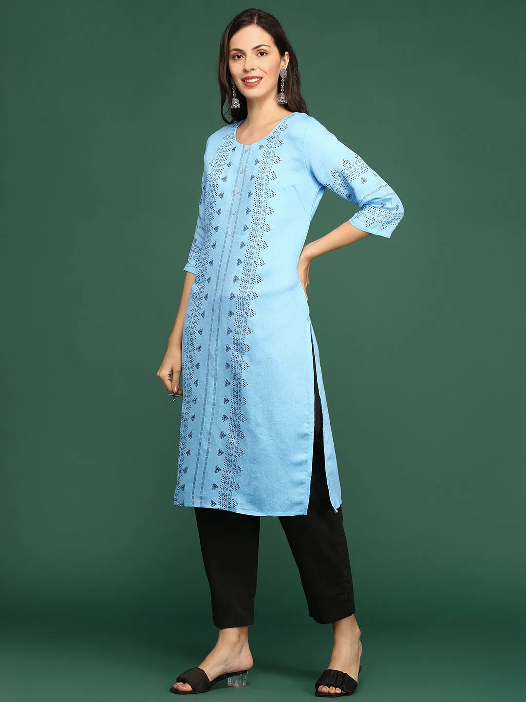 Women Blue Printed Straight Kurta