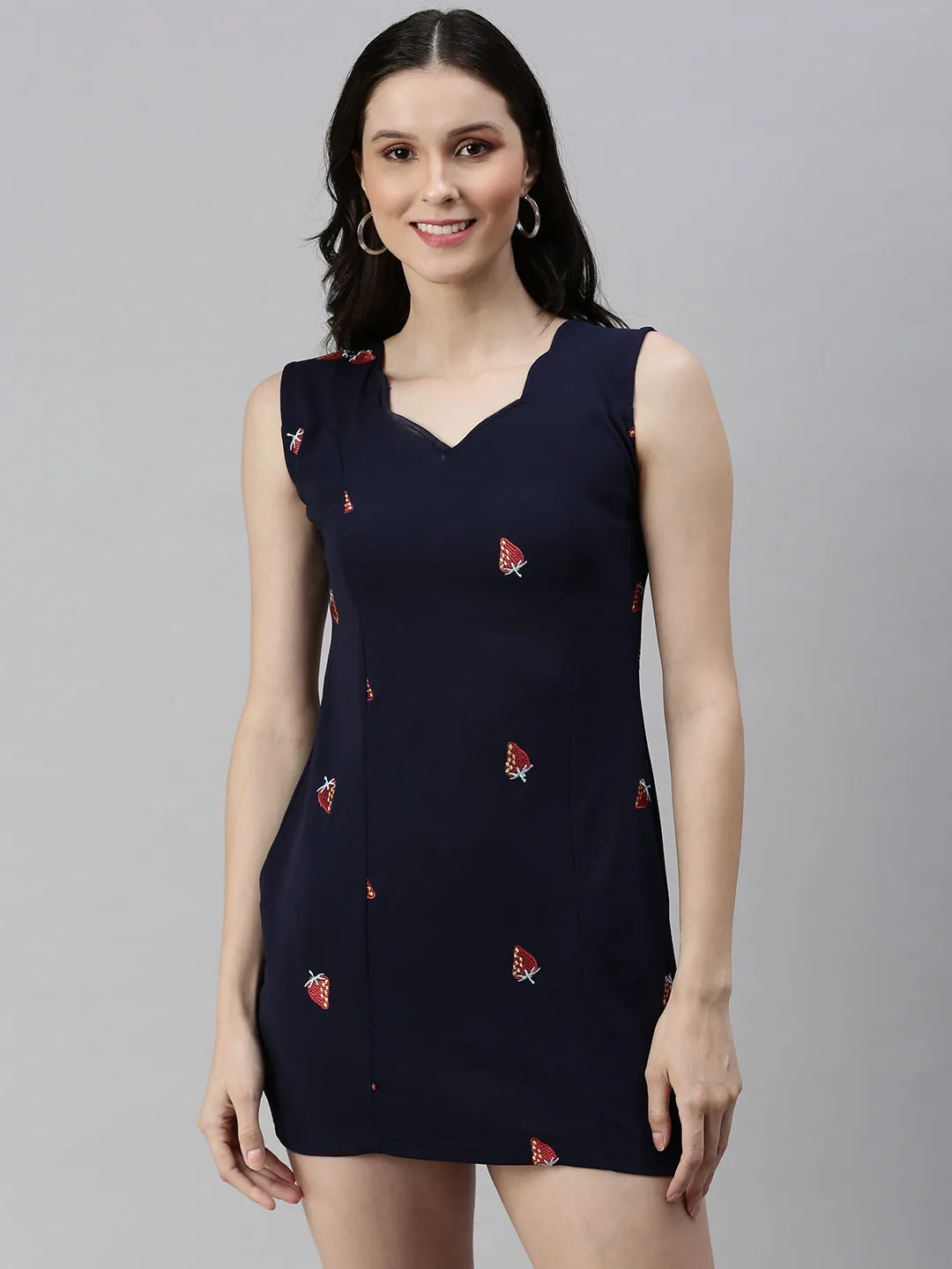 Women Navy Blue Solid Sheath Dress